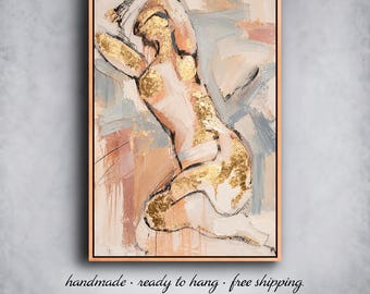 Abstract Nude Figure Painting with Gold Leaf | Beige Blush Textured Female Form Wall Art