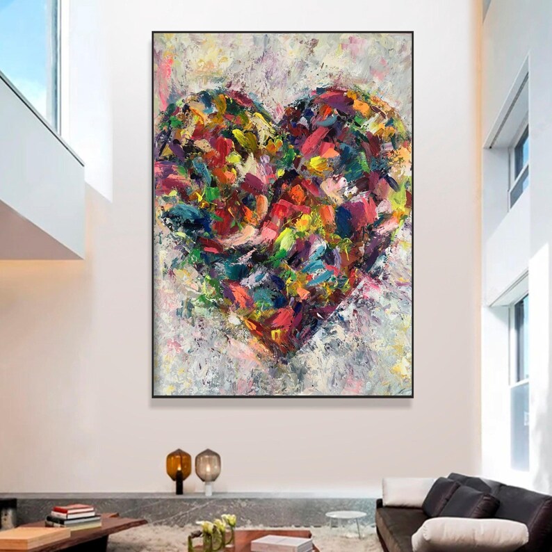 Colorful Abstract Heart Painting Expressionist Modern Love Wall Art for