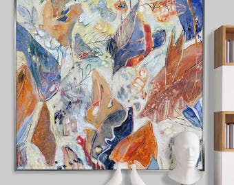 Colorful Botanical Abstract Painting Mixed Media Leaves Textured Wall Art