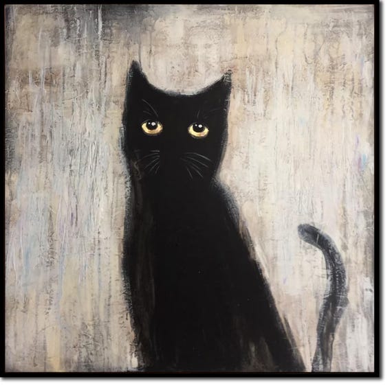 黒猫の絵 リアルな絵 動物のシルエットアート 黒とベージュの絵