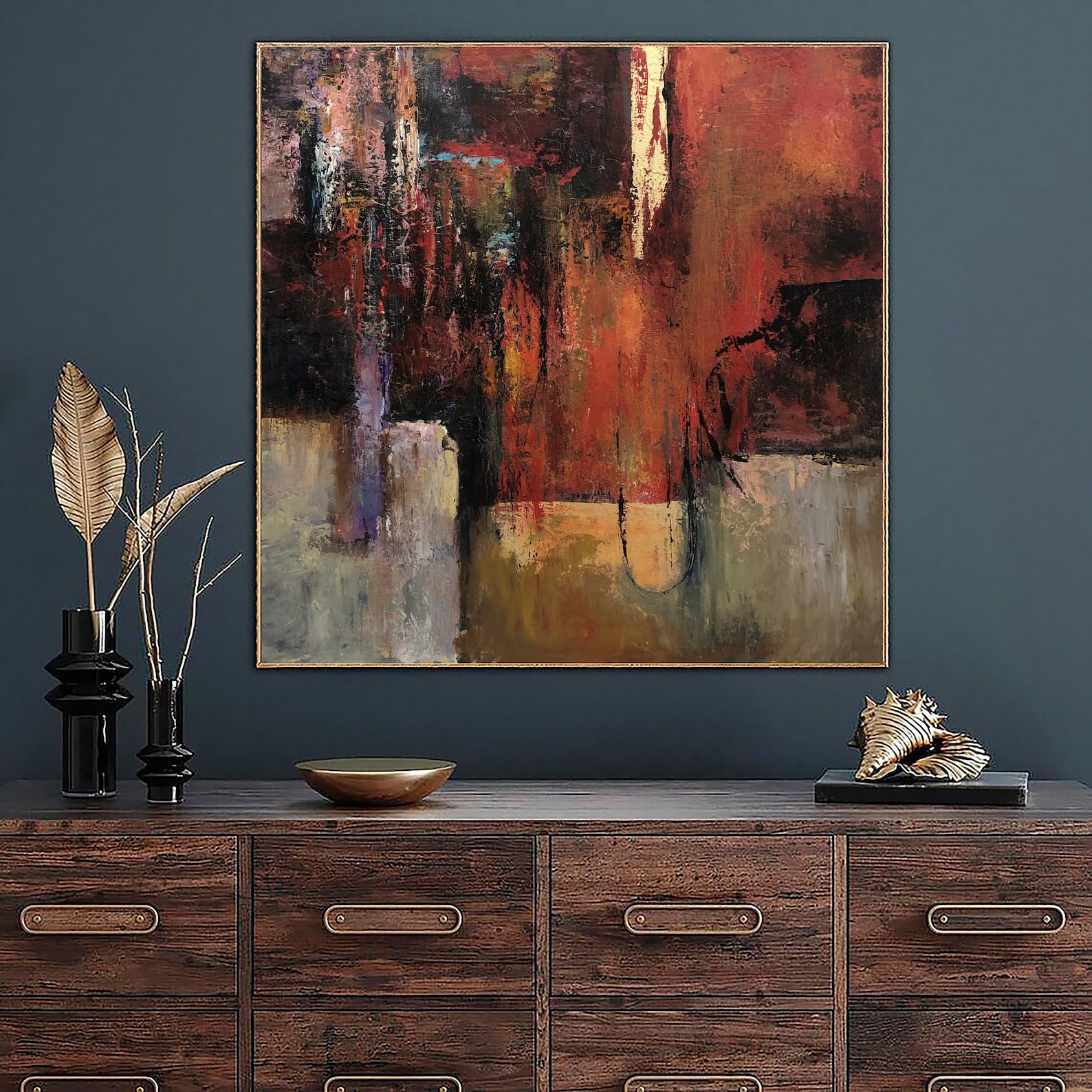 Red Abstract Oil Painting Wall Art Orange Colorful Artwork Etsy
