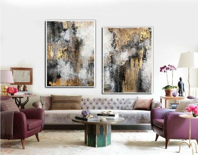 Original Abstract Set of 2 Paintings on Canvas Modern Gold Etsy