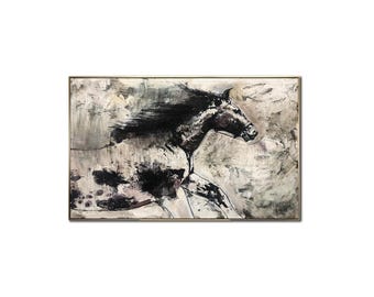 Pintura abstrata de cavalo – Arte de parede de cavalo correndo em preto e branco