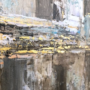 Neutral-toned abstract city skyline painting with skyscrapers and reflective water