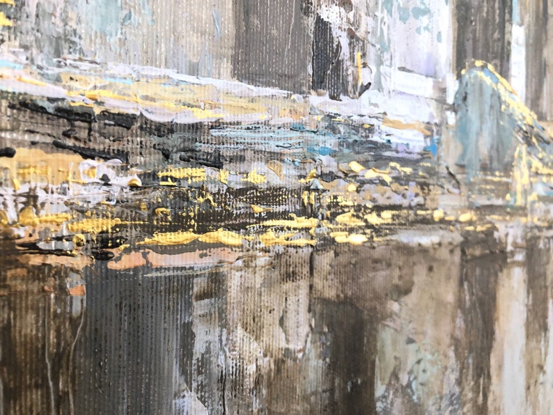 Neutral-toned abstract city skyline painting with skyscrapers and reflective water