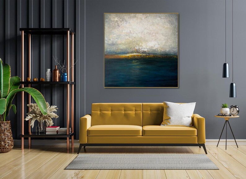 Large Abstract Seascape Horizon Painting Blue and Gold Acrylic Canvas