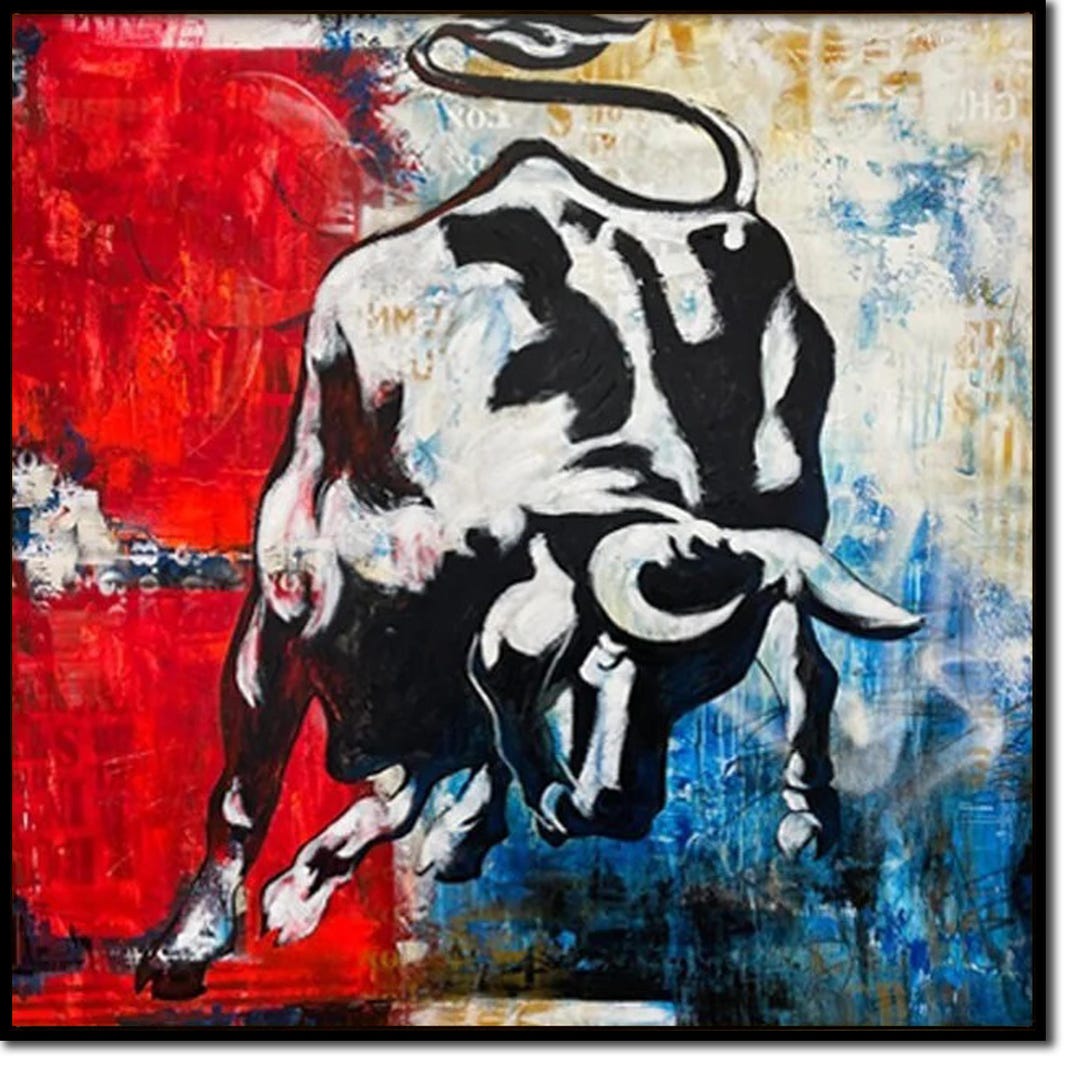Charging Bull Abstract Paintings on Canvas Bold Red and Blue Wall Art ...