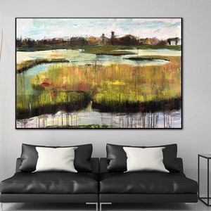 Pintura Original de pueblo sobre lienzo, obra de arte acrílica abstracta, arte de pared de pantano Rural moderno para decoración del hogar imagen 5