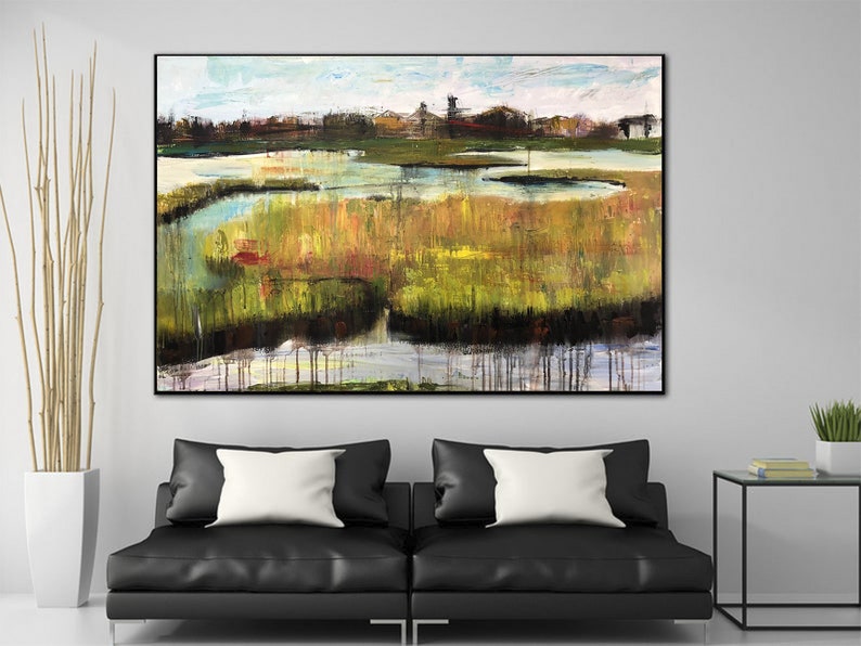 Pintura Original de pueblo sobre lienzo, obra de arte acrílica abstracta, arte de pared de pantano Rural moderno para decoración del hogar imagen 5