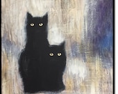 猫の絵 大きな黒猫の油絵 キャンバスに描かれた抽象的な動物の絵