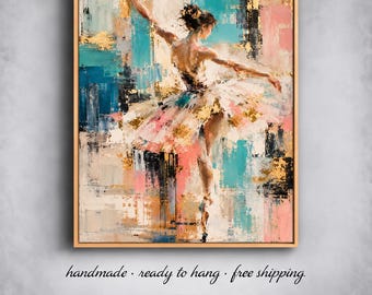 Ballerina Painting Gold Leaf Abstract Ballet Dancer Teal Pink Textured Canvas Wall Art Decor