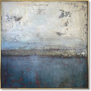 Extra Large Original Abstract Blue And Beige Painting On Canvas Textured Gold Leaf Art Handmade Painting Home Wall Decor 46"x46"
