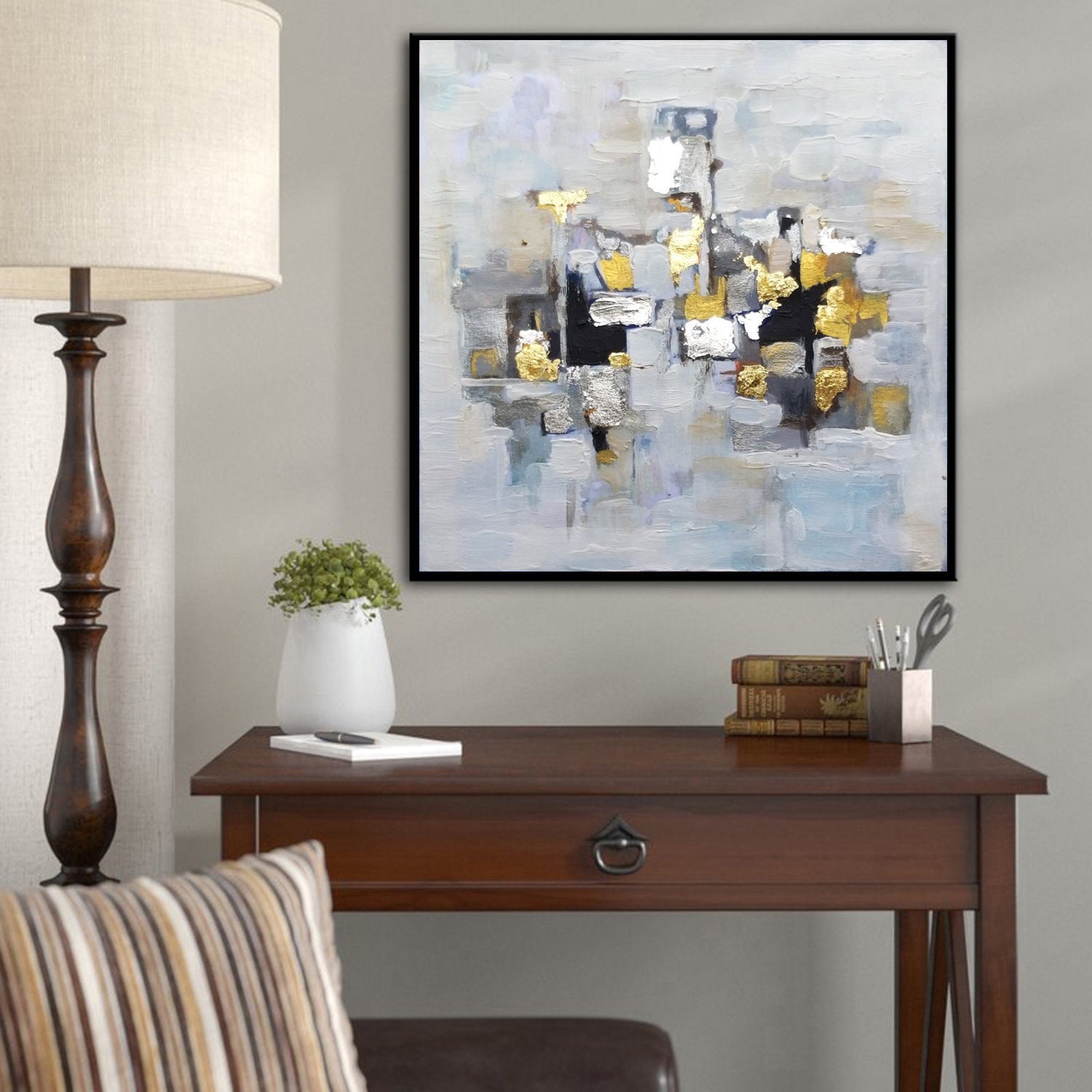 Extra Large Abstract Wall Art Canvas Gold Leaf Painting Silver Etsy