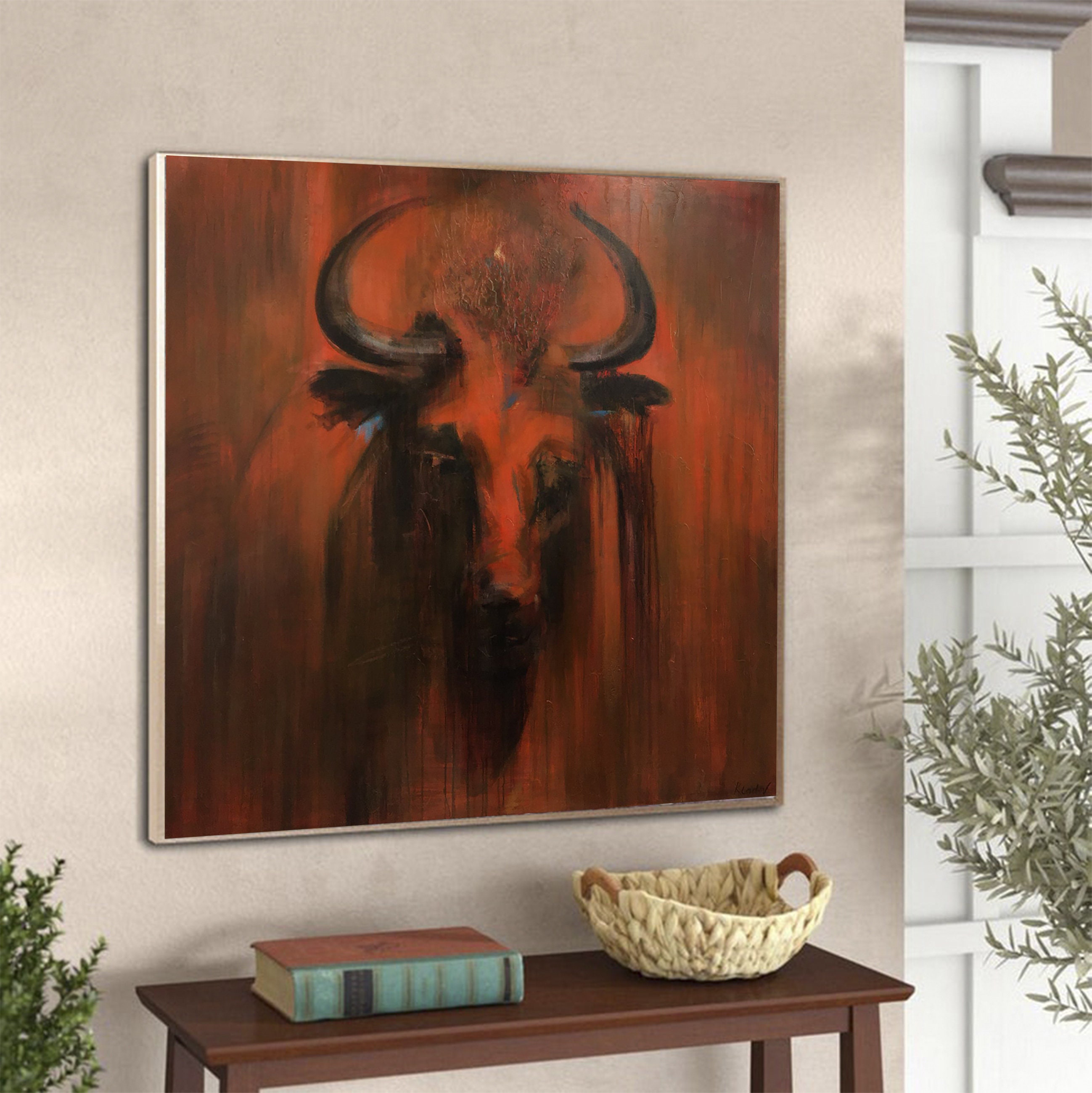 Red Bull Painting Bull Wall Art Red Abstract Painting Large Etsy