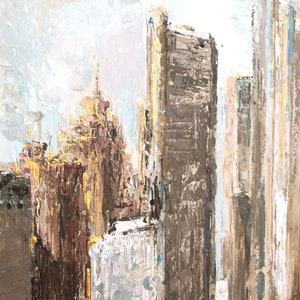 Neutral-toned abstract city skyline painting with skyscrapers and reflective water