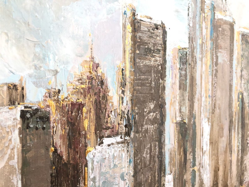 Neutral-toned abstract city skyline painting with skyscrapers and reflective water