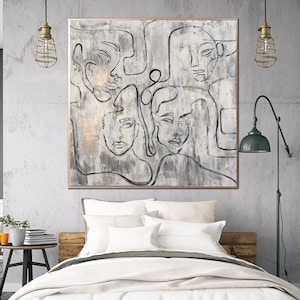 Abstract Faces Paintings On Canvas White Painting Acrylic Figurative Artwork 50x50 People Painting Minimalist Wall Art for Indie Room Decor image 2