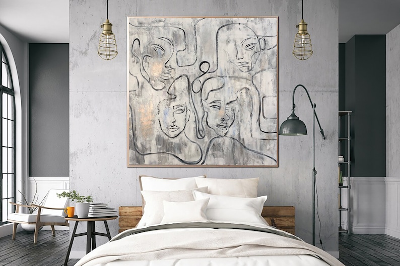 Abstract Faces Paintings On Canvas White Painting Acrylic Figurative Artwork 50x50 People Painting Minimalist Wall Art for Indie Room Decor image 2