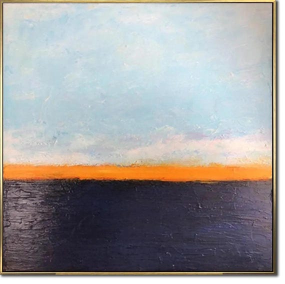 青い夕焼けアート オレンジ色の水平線画 幻想的な風景画 雰囲気のある 