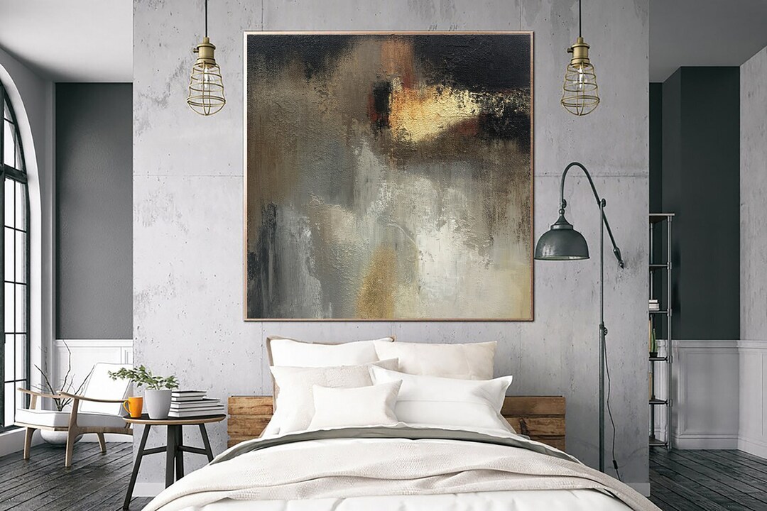 Large Textured Art Black and Grey Painting With Golden Leaf Monochrome