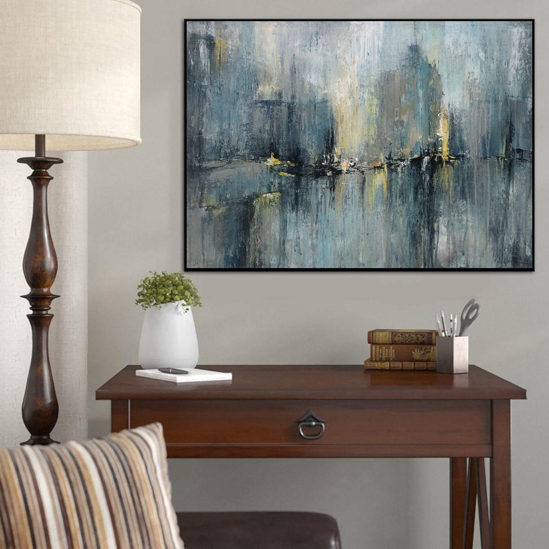 Extra Large Night City Lights Painting on Canvas Abstract Blue Etsy