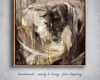 Abstract Horse Painting – Brown and Beige Textured Canvas Wall Art, Romantic Equestrian Decor