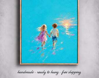 Children Holding Hands Beach Painting Sunrise Ocean Art | Turquoise Coastal Nursery Kids Room Decor