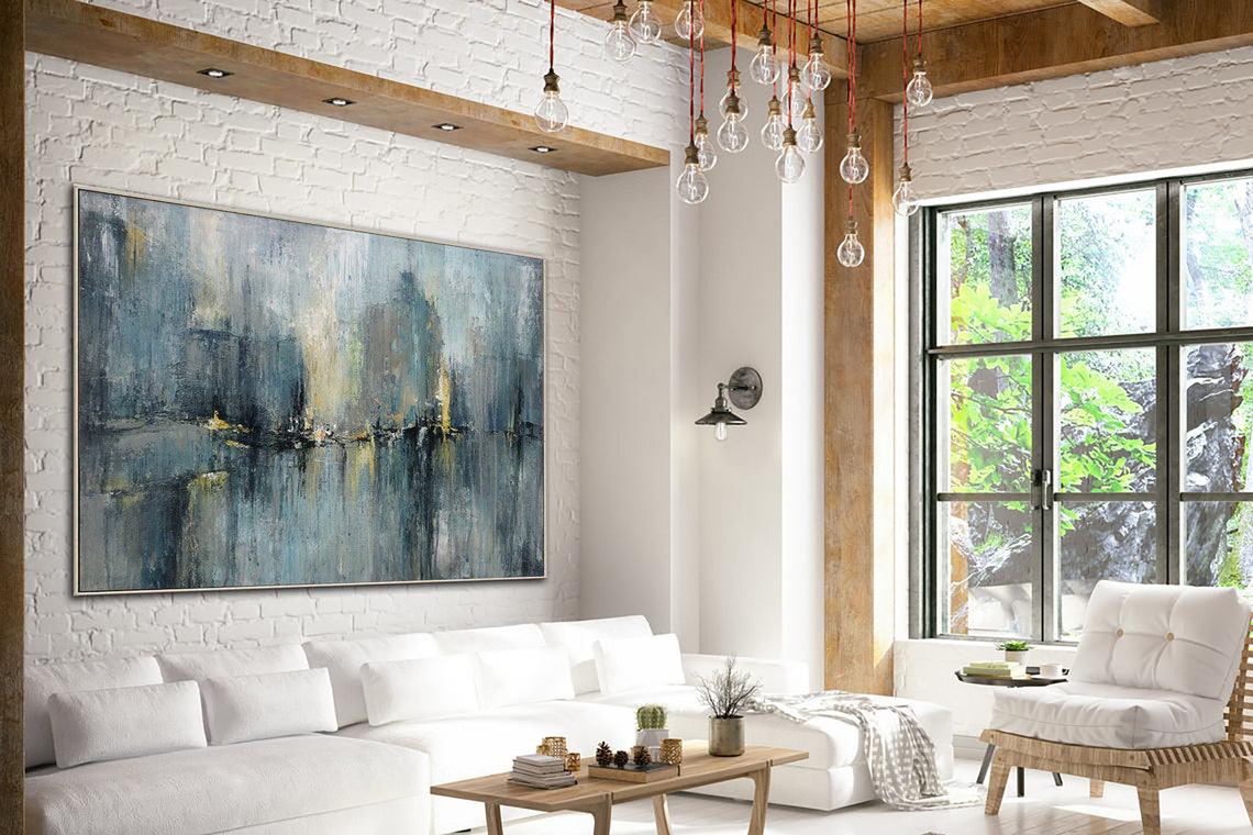 Extra Large Night City Lights Painting on Canvas Abstract Blue Etsy