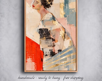 Abstract Woman Portrait Painting with Gold Leaf | Pink Blue Cream Textured Figurative Wall Art