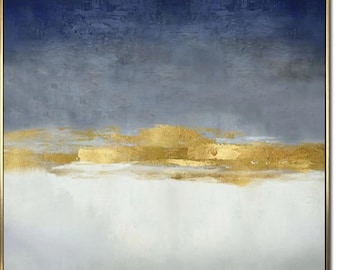 Extra Large Canvas Art Gold Leaf Wall Art Blue Wall Art Canvas Abstract Painting Office Painting Contemporary Art Living Room Art