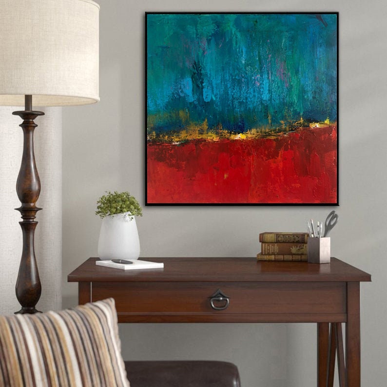Abstract Horizon Painting: Blue & Red Golden Line Art - Etsy