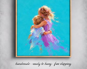 Sibling Hug Painting | Brother and Sister Love Art | Textured Turquoise Lavender Nursery Wall Decor