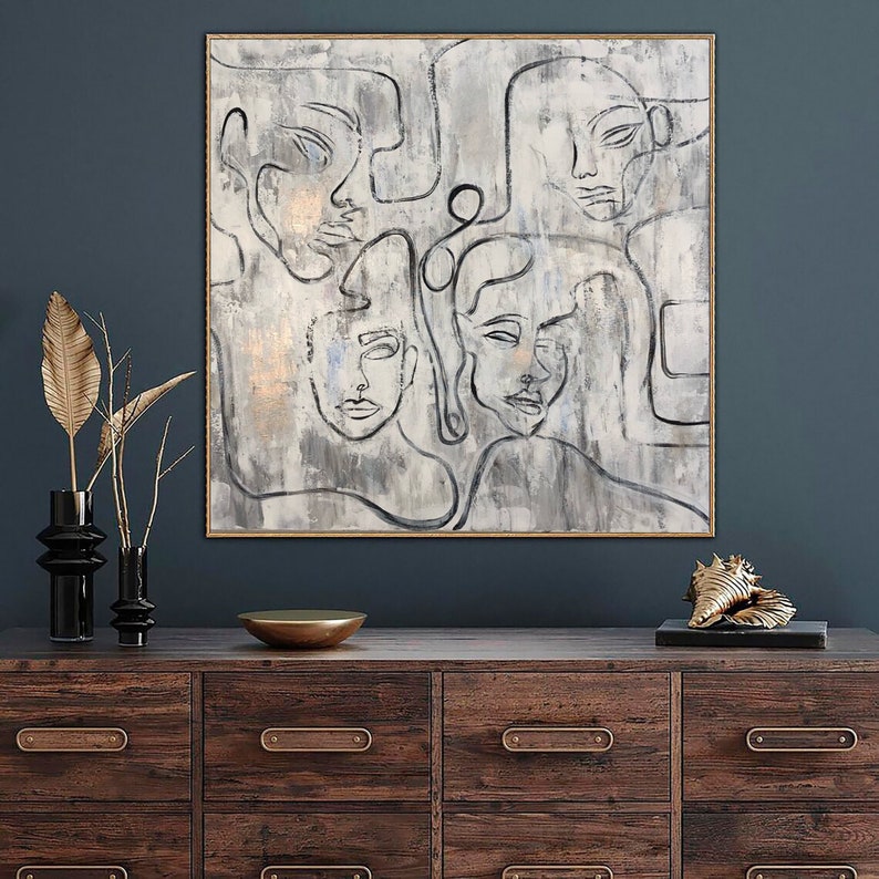 Abstract Faces Paintings On Canvas White Painting Acrylic Figurative Artwork 50x50 People Painting Minimalist Wall Art for Indie Room Decor image 1
