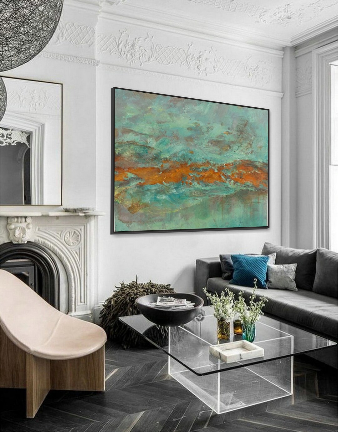Teal and Rust Abstract Painting - Textured Impasto Canvas Wall Art - Etsy
