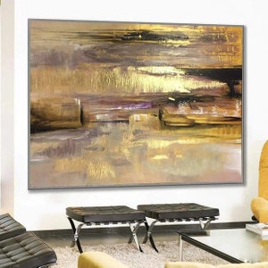 Gold Leaf Abstract Painting: Rich Textured Oil on Canvas