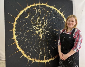 Gold and Black Abstract Circle Painting: Textured Acrylic Canvas Art