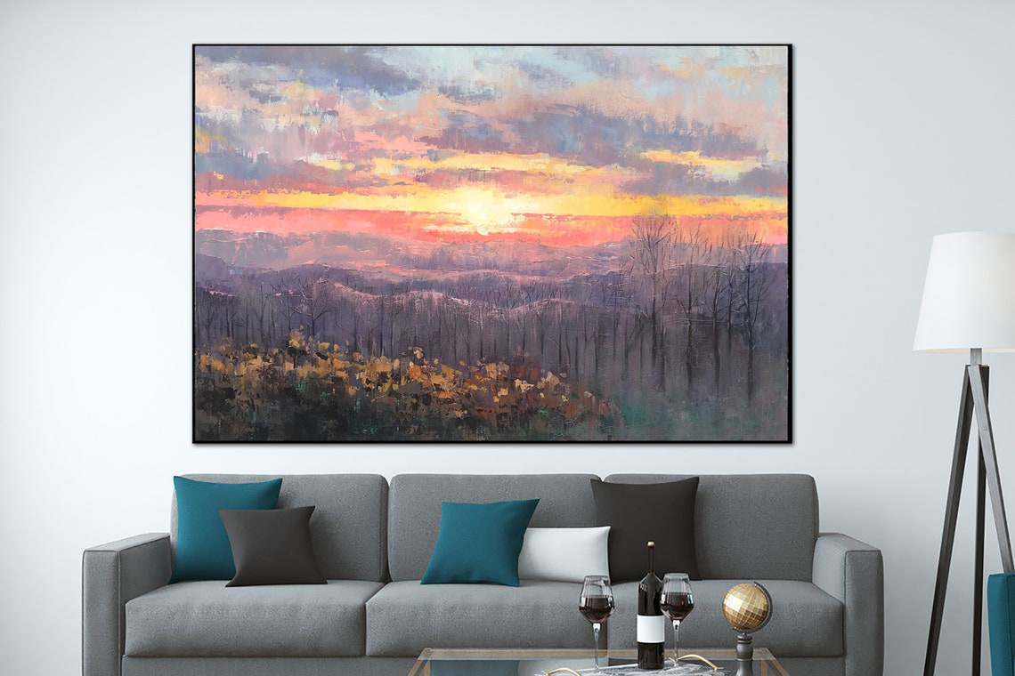 Sunset Painting Canvas Art Landscape Wall Art Very Peri Etsy