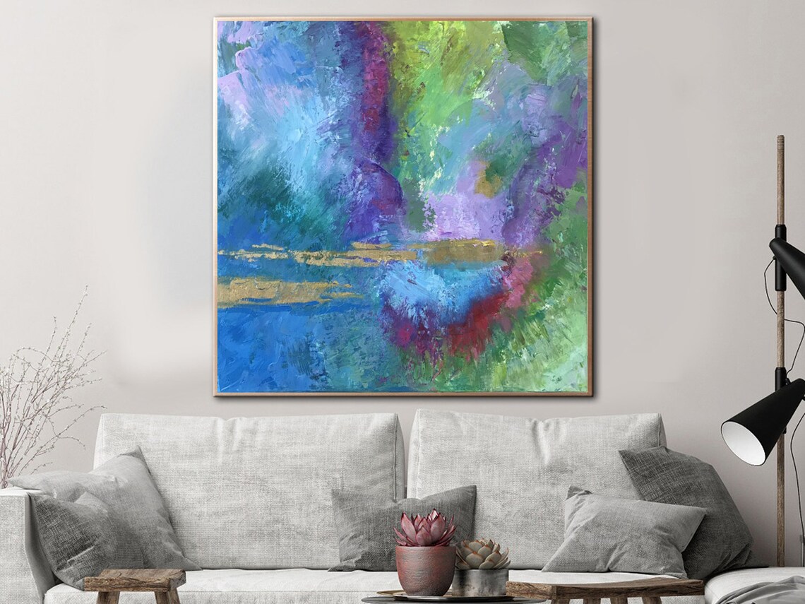 Original Colorful Canvas Painting Blue Wall Art Green Painting | Etsy