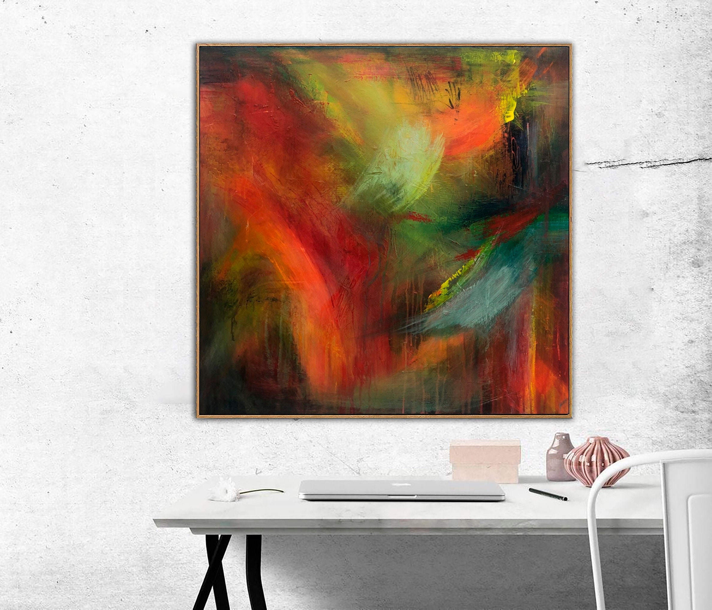 抽象表現主義の絵画：赤、緑、オレンジのキャンバスアート - Etsy 日本