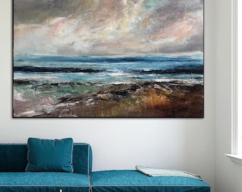 Coastal Seascape Painting Pastel Sky Textured Ocean Horizon Wall Art