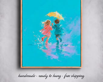 Children Playing in Rain Painting Kids Splashing Puddles Yellow Umbrella Turquoise Nursery Wall Art