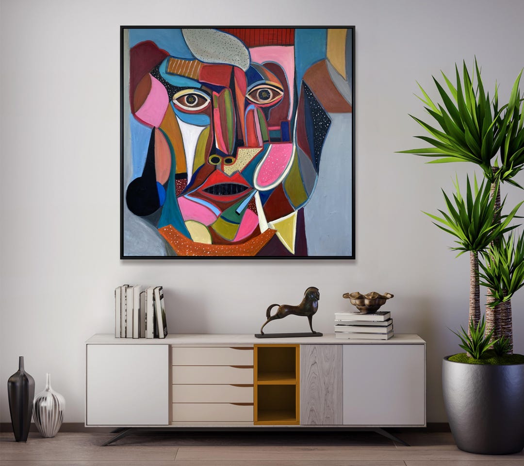 Geometric Abstract Face Painting Colorful: Large Cubist Portrait Canvas ...