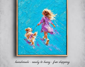 Girl Walking Dog Painting Child and Puppy Textured Turquoise Purple Wall Art for Nursery