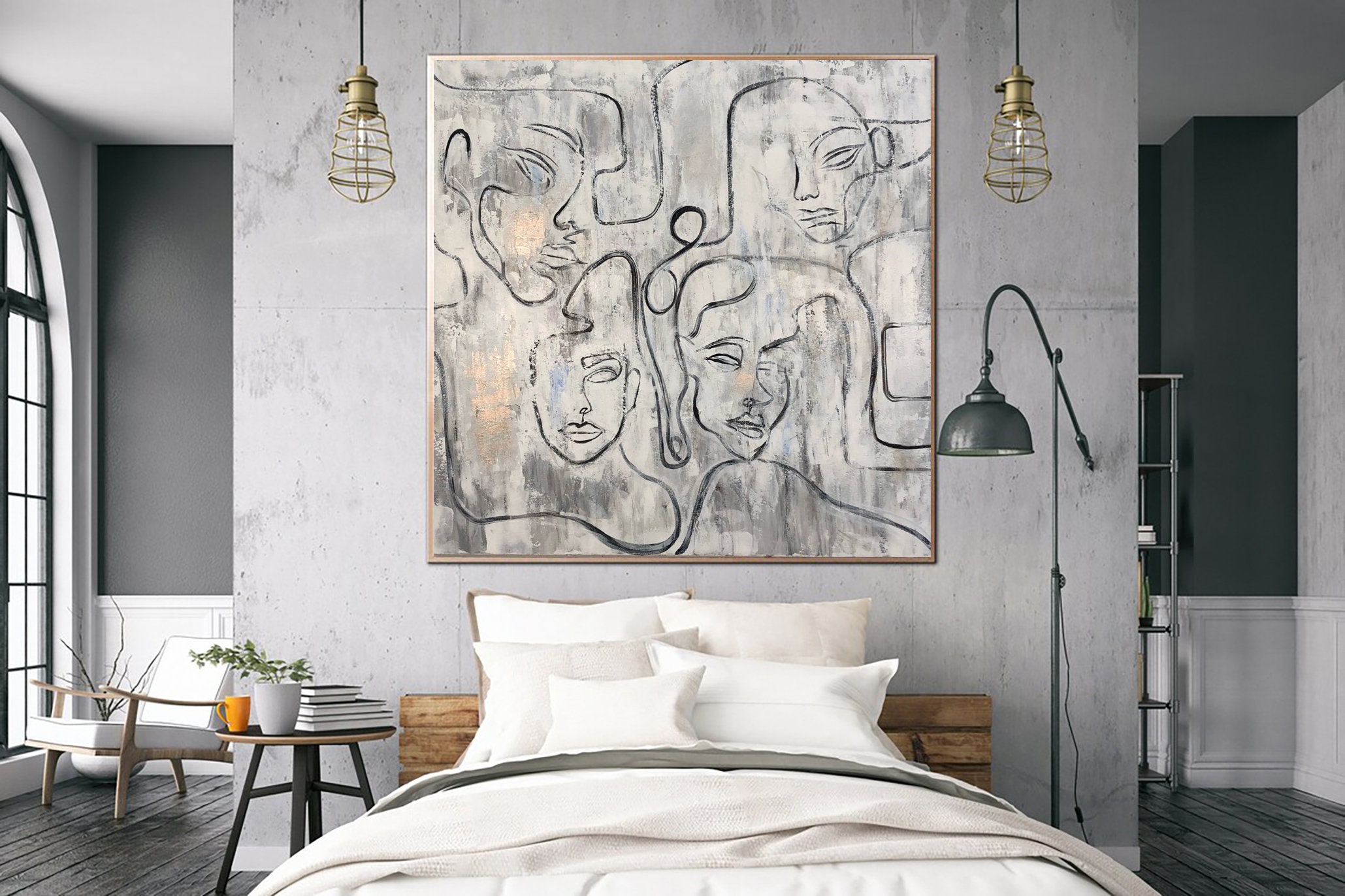Pintura de caras de líneas minimalistas, arte mural abstracto moderno