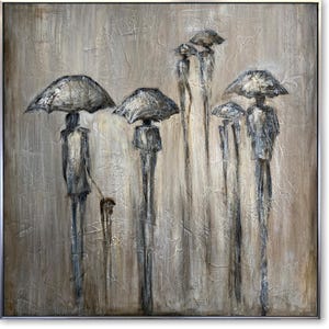 Abstract Rainy Day Painting – Neutral Umbrella Wall Art