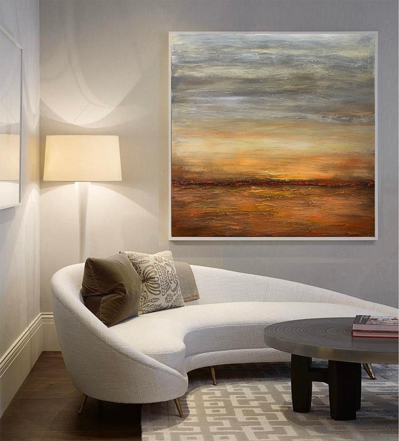 Serene Sunset in Warm Earth Tones Nature Serenity Horizon Painting Warm