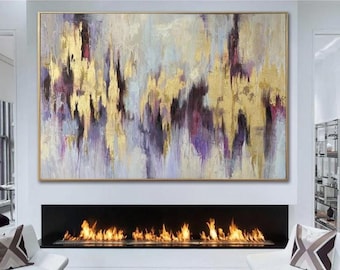 Gold Purple Abstract Painting Textured Modern Panoramic Wall Art
