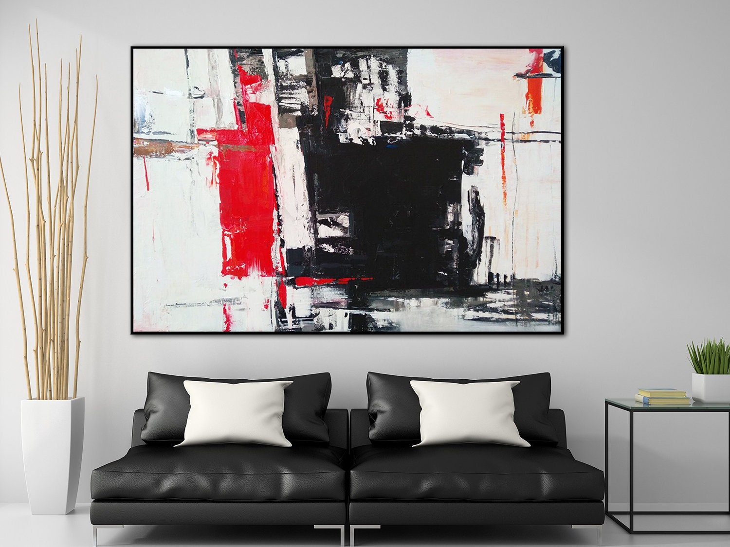 Black And White Abstract Art With Red