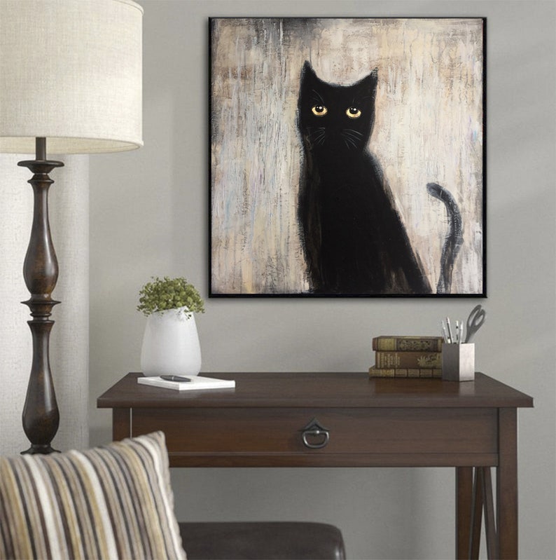 Black Cat Painting Cat Wall Art Animal Painting Abstract - Etsy