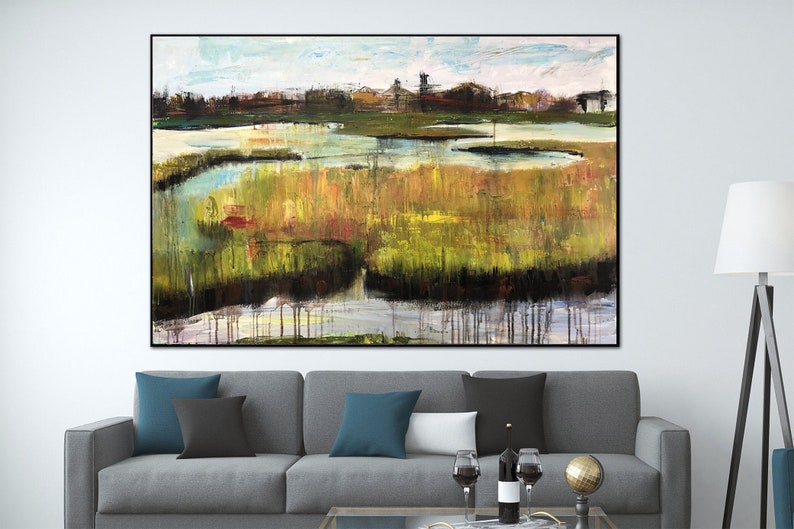 Pintura Original de pueblo sobre lienzo, obra de arte acrílica abstracta, arte de pared de pantano Rural moderno para decoración del hogar imagen 1